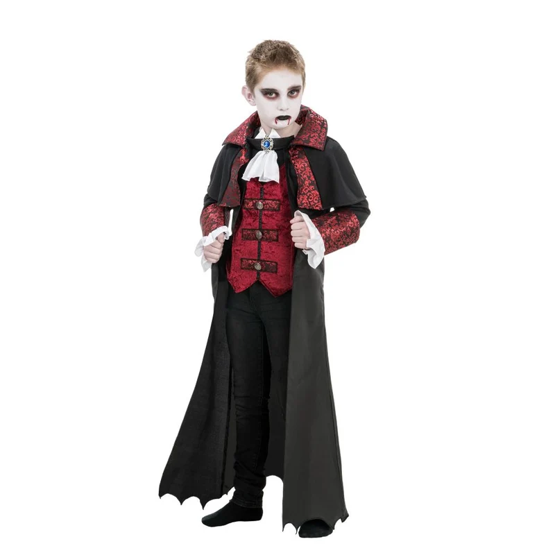 Vampir Kinderkostüm mit Umhang und Jabot | Schwarz Rot