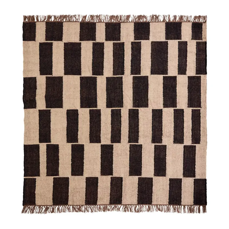 Teppich Graph Schwarz Natur Jute Wolle mit Fransen