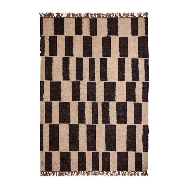 Teppich Graph Schwarz Natur Jute Wolle mit Fransen