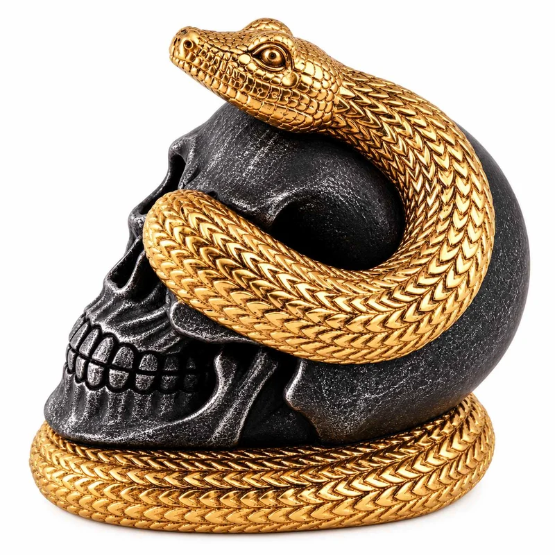 Totenkopf mit Schlange 14 cm | Schwarz Gold - Halloween Dekoration