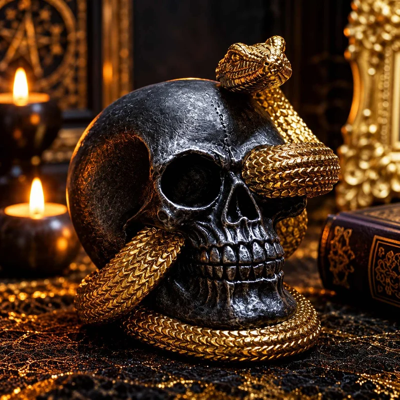 Totenkopf mit Schlange 14 cm | Schwarz Gold - Halloween Dekoration