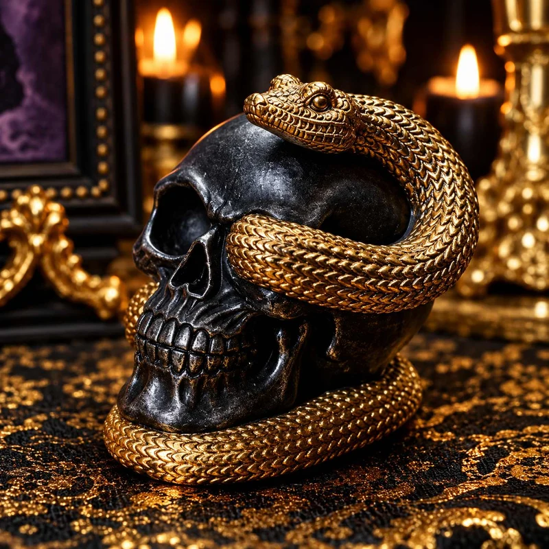 Totenkopf mit Schlange 14 cm | Schwarz Gold - Halloween Dekoration