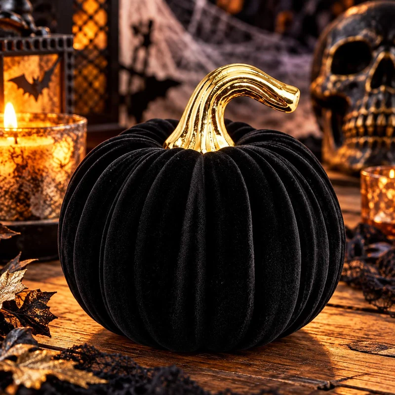 Kürbis 15 cm | Schwarz Gold - Halloween Dekoration