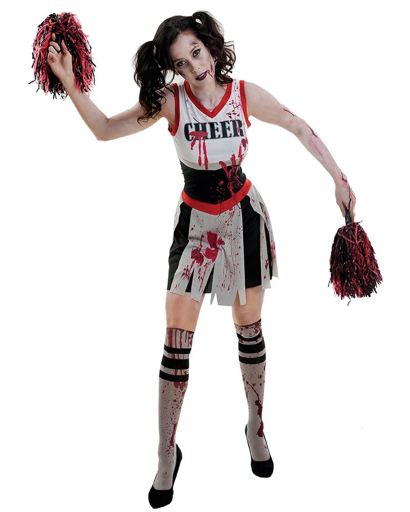 Zombie Cheerleader Halloween Kostüm für Damen | Schwarz Rot