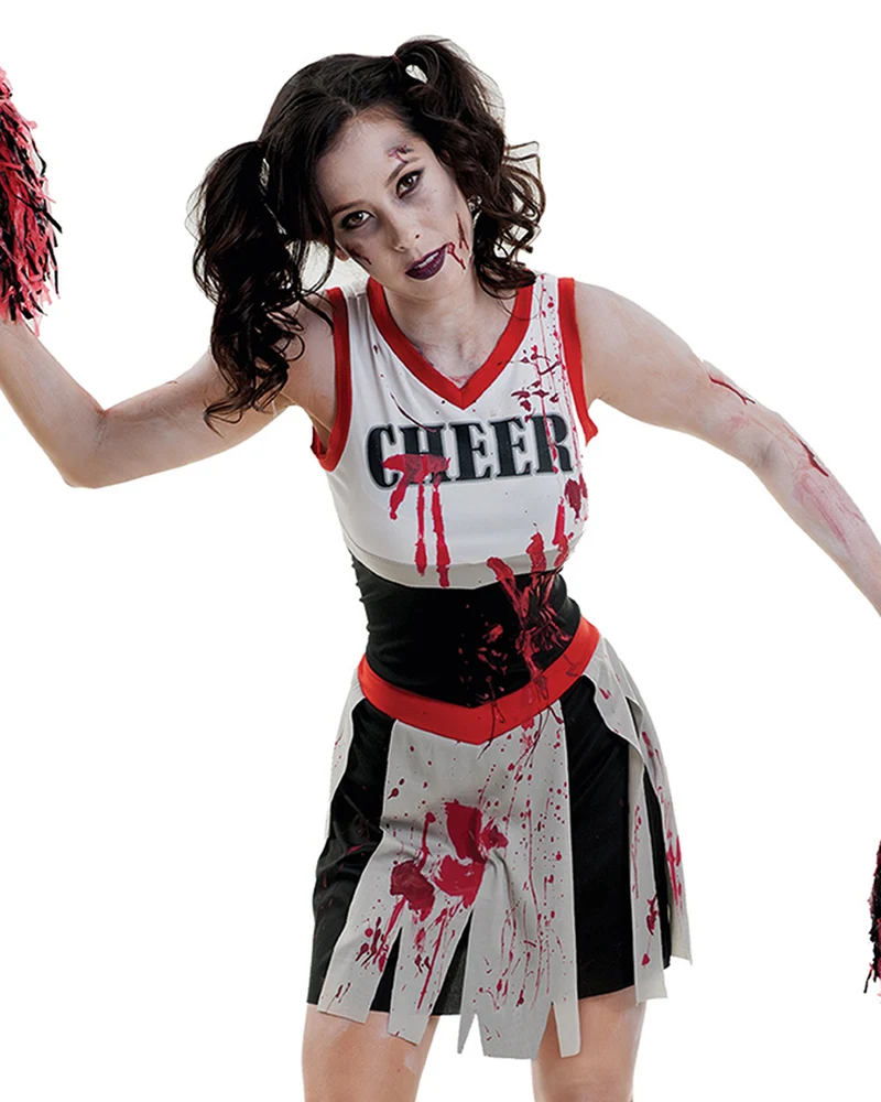 Zombie Cheerleader Halloween Kostüm für Damen | Schwarz Rot