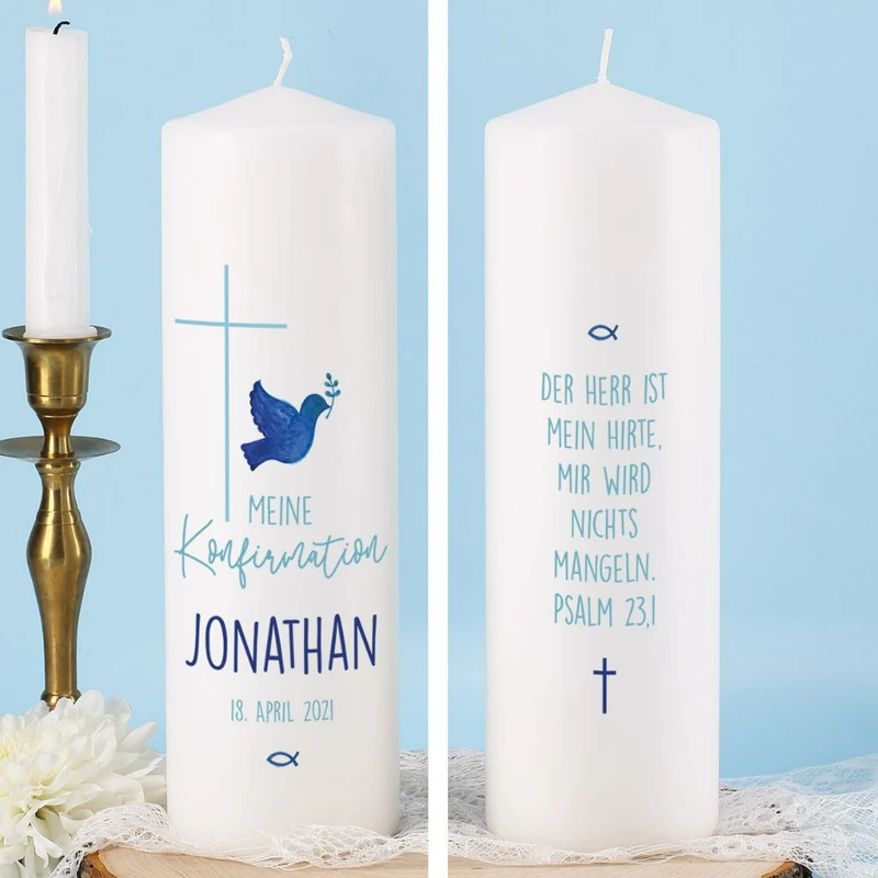 Personalisierte Konfirmationskerze Taube, Kreuz & Fisch