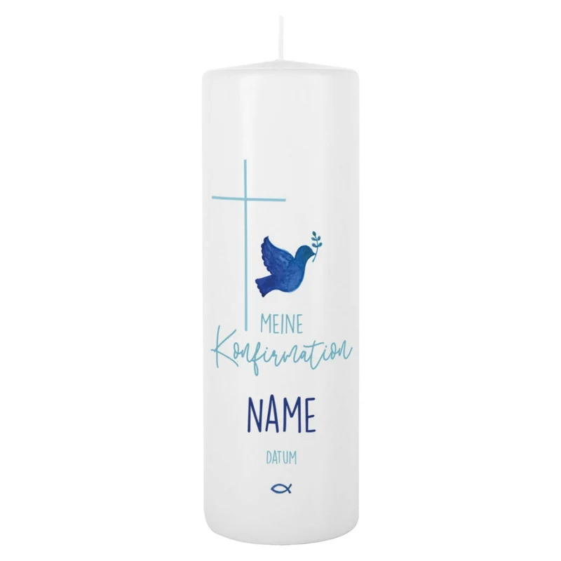 Personalisierte Konfirmationskerze Taube, Kreuz & Fisch