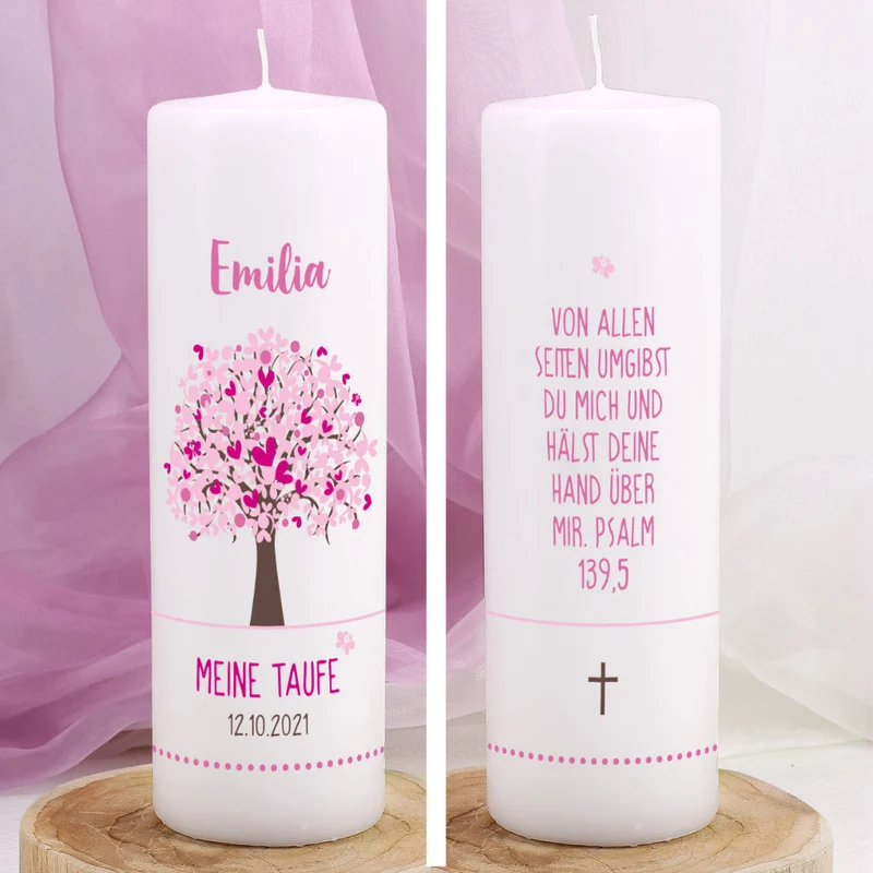 Personalisierte Taufkerze Lebensbaum rosa