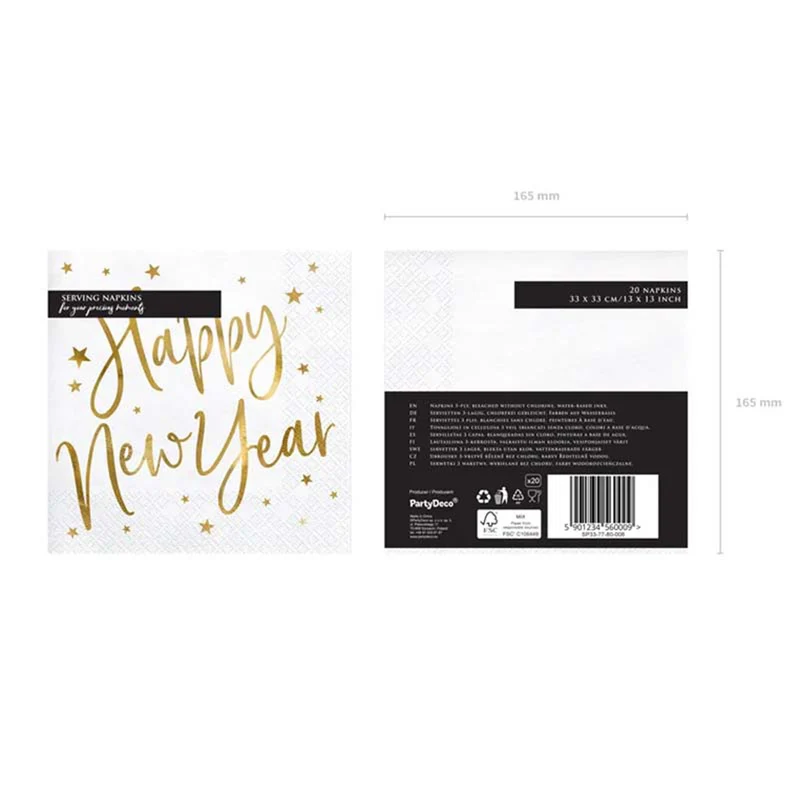 Servietten "Happy New Year" 20Stk/33x33cm | Weiß/Gold
