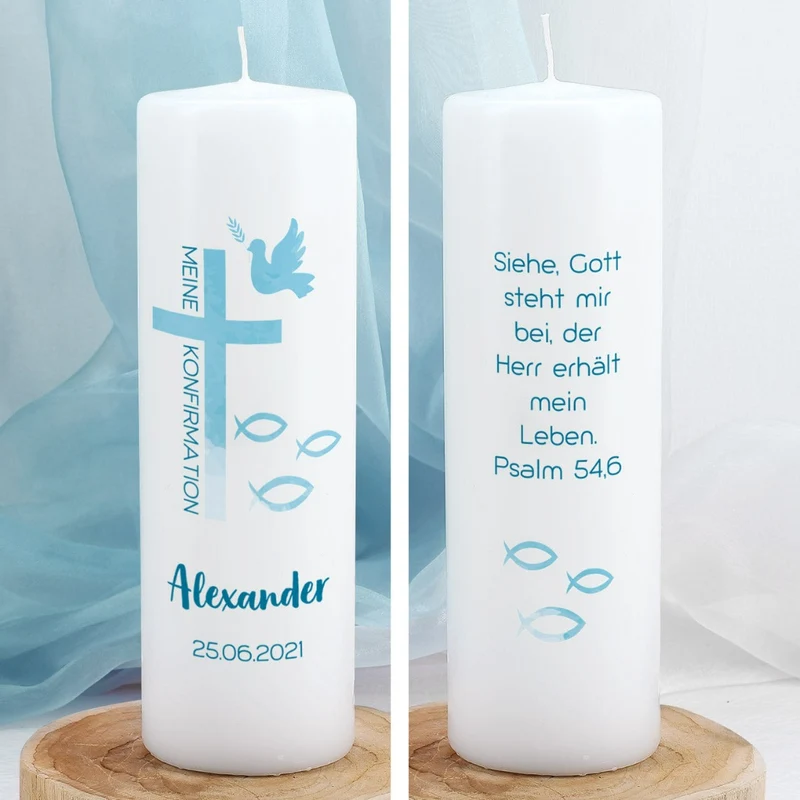 Personalisierte Konfirmationskerze blau