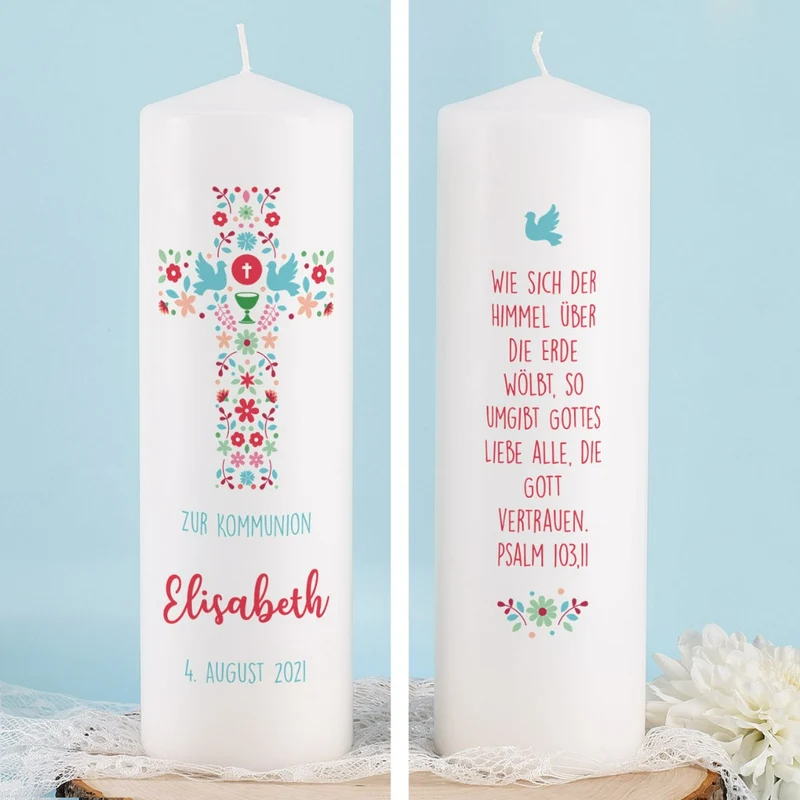 Personalisierte Kommunionskerze buntes Kreuz