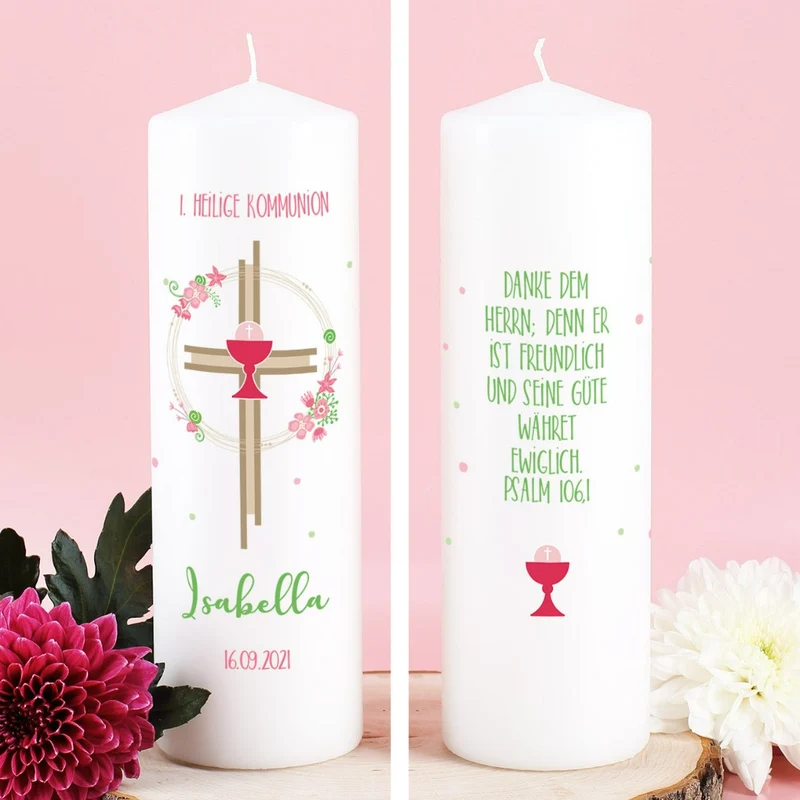 Personalisierte Kommunionskerze Kreuz & Kelch