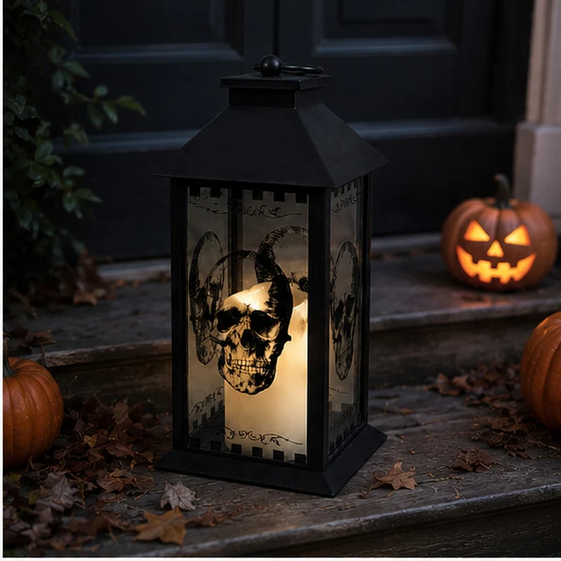 Große Totenkopf Laterne mit LED Kerze - 29 cm | Schwarz