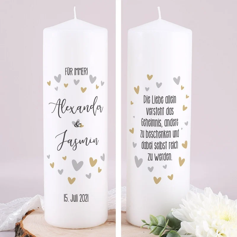 Personalisierte Hochzeitskerze mit Herzen