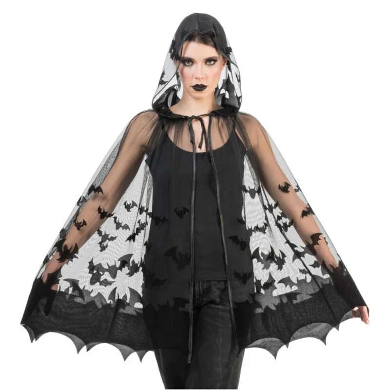 Schwarzer Fledermaus Umhang mit Kapuze | 78 cm