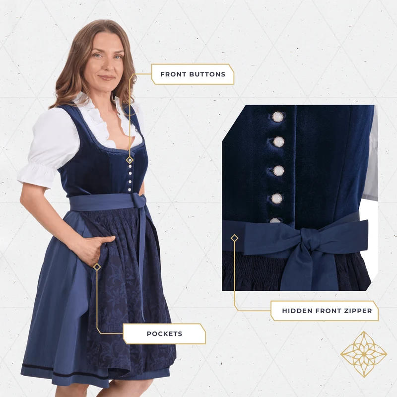 German Dirndl Dress Set Dark Blue Velvet with Blouse