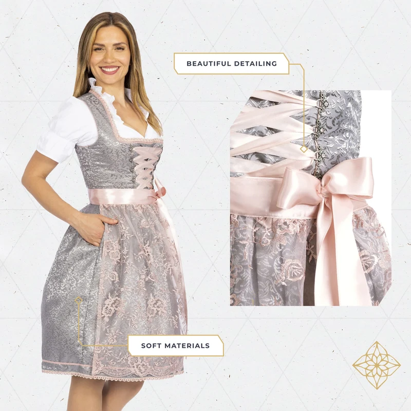German Dirndl Dress Set Silver Rose with Blouse