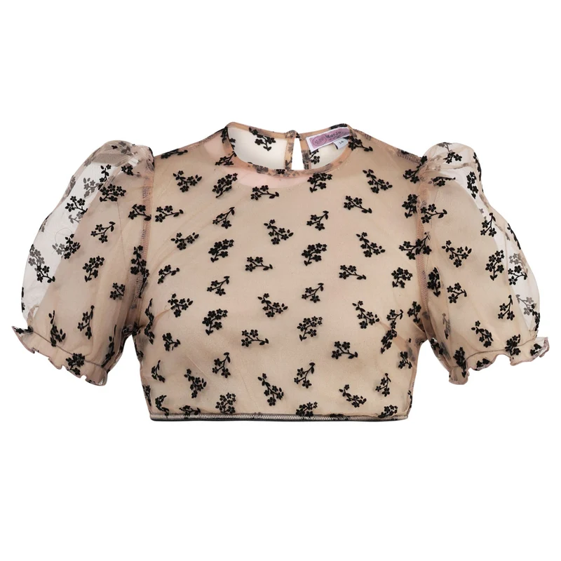 MarJo Dirndlbluse Kohlwies Nude/Schwarz Kurzarm Puffärmel