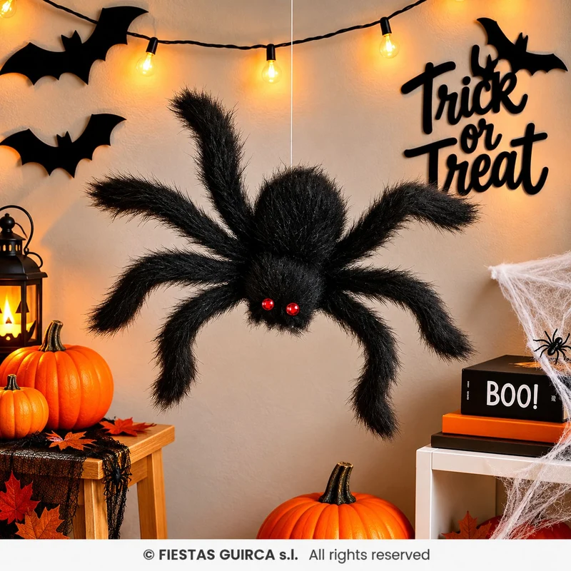 Spinne 50 cm | Schwarze Halloween Deko mit roten Augen