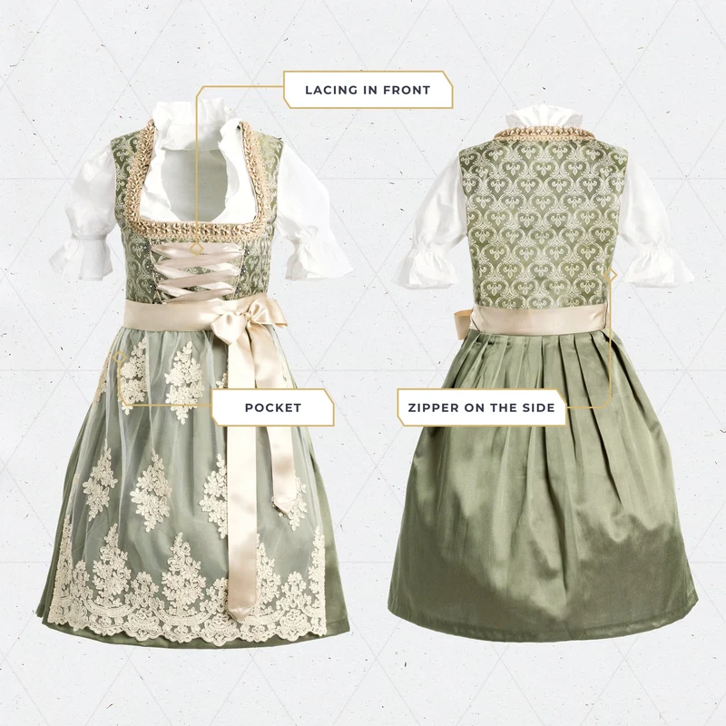 German Dirndl Dress Set Green Gold with Blouse