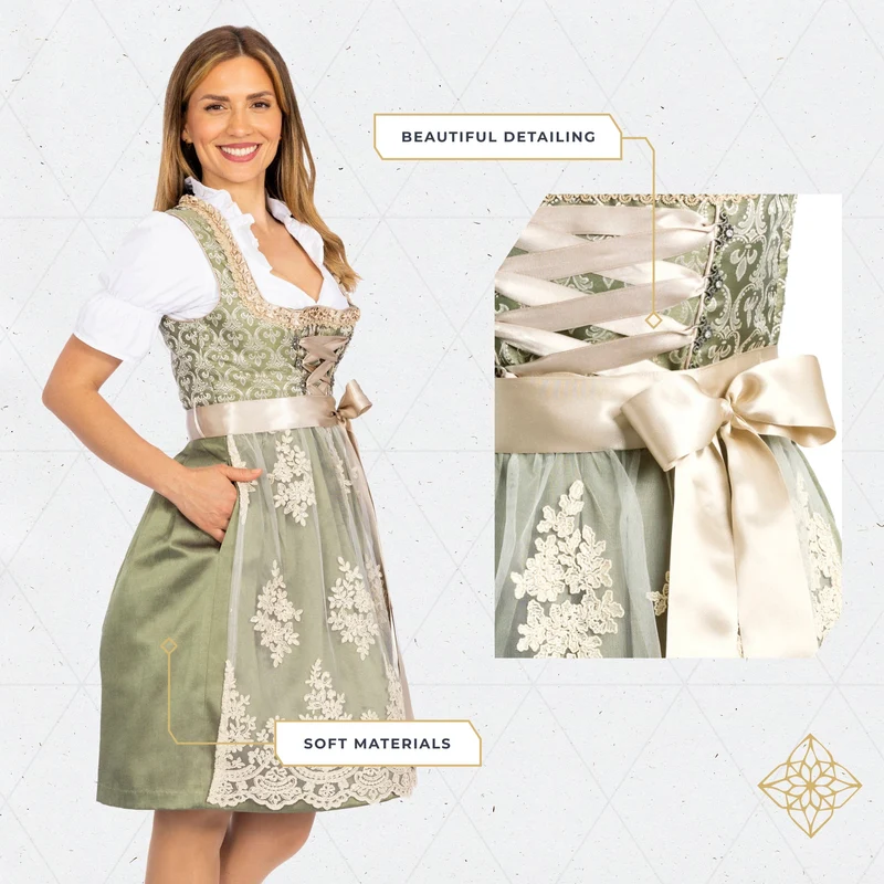 German Dirndl Dress Set Green Gold with Blouse