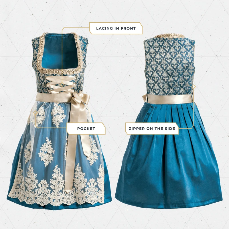 German Dirndl Dress Set Blue Gold with Blouse