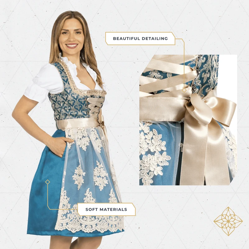 German Dirndl Dress Set Blue Gold with Blouse