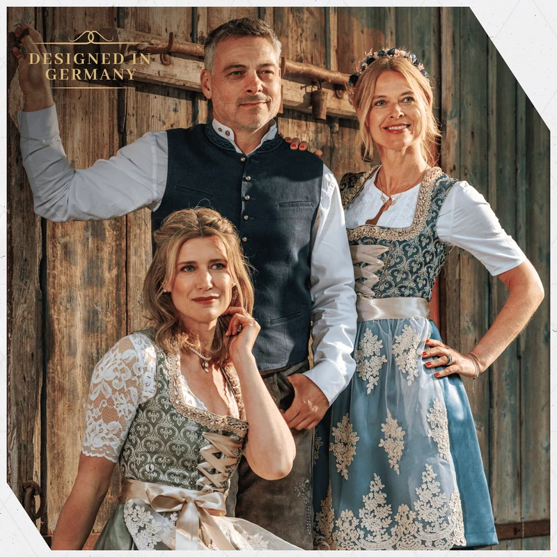 German Dirndl Dress Set Blue Gold with Blouse