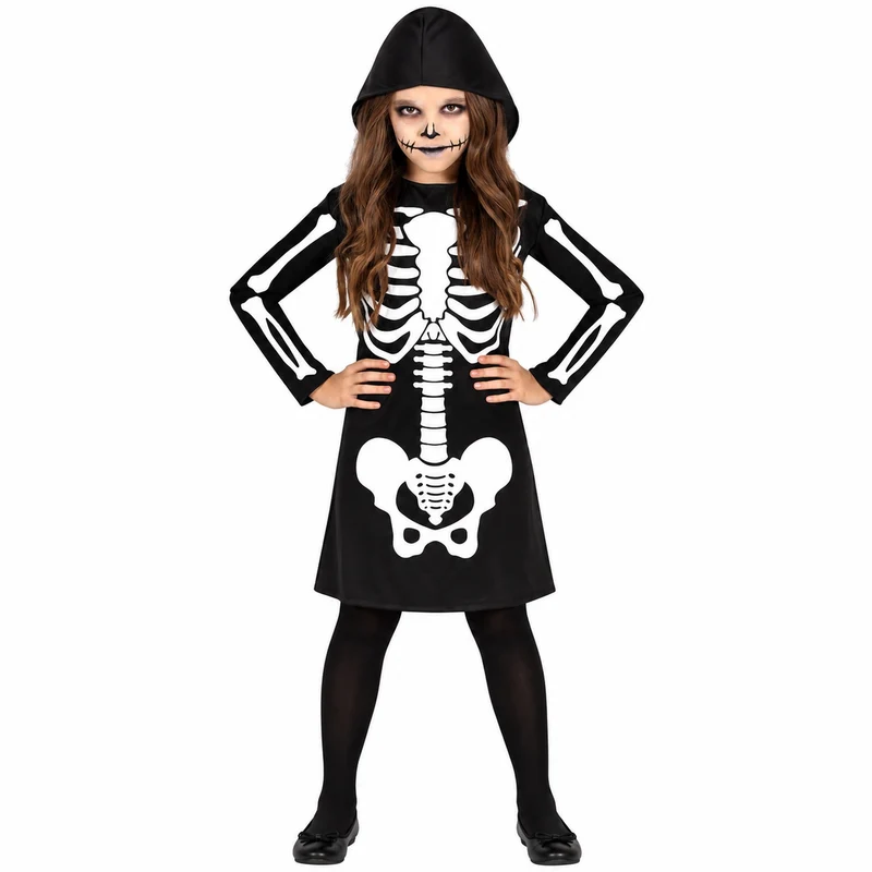 Halloween Kinderkostüm "Skelett Kleid mit Kapuze" | Schwarz