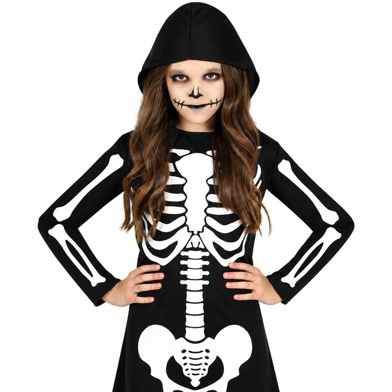 Halloween Kinderkostüm "Skelett Kleid mit Kapuze" | Schwarz