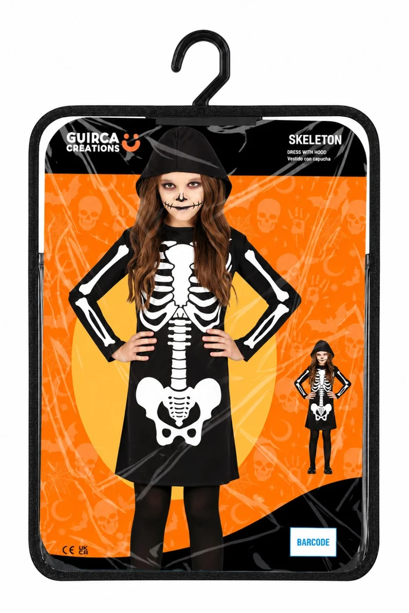 Halloween Kinderkostüm "Skelett Kleid mit Kapuze" | Schwarz