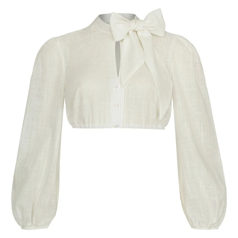 Alpenfee Dirndl Bluse Iva Lang Ecru dekorativer Kragenschleife