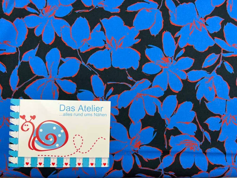 Stretchstoff Hosenstretch Blüten, blau/schwarz