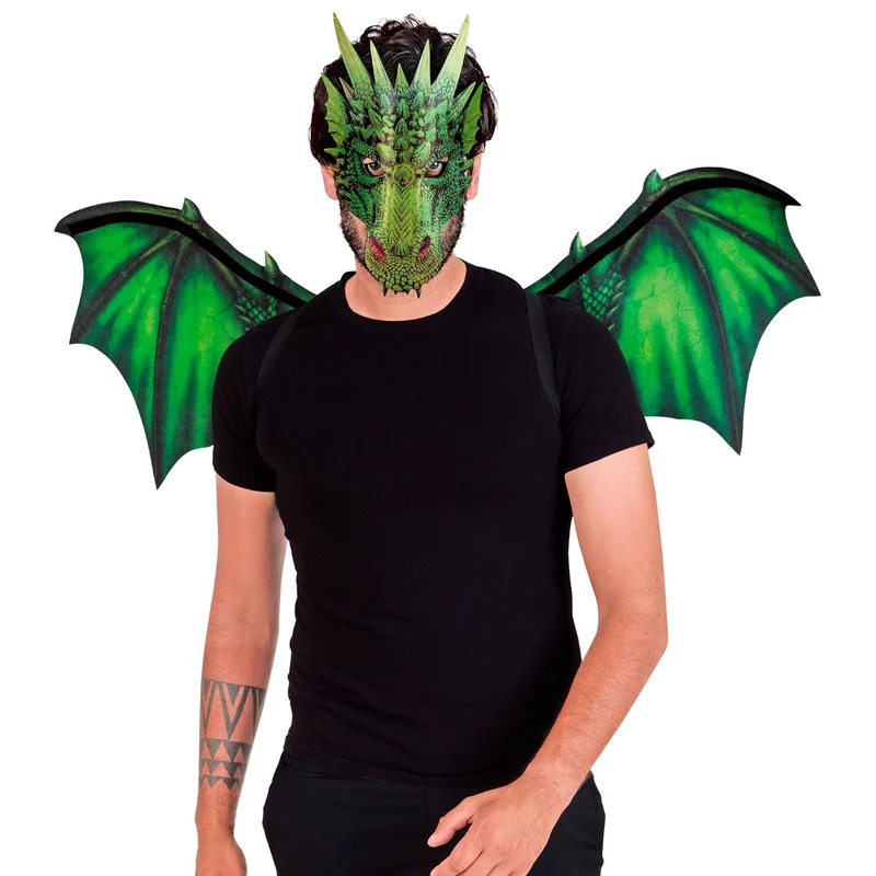 Kostümset "Drache" 2-tlg. | Flügel und Maske - Grün