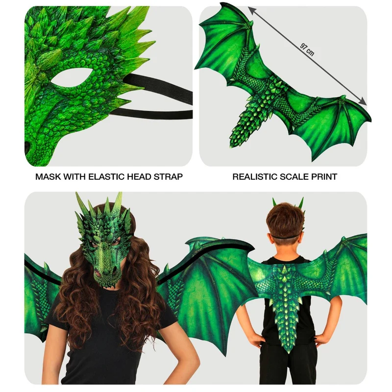 Kostümset "Drache" 2-tlg. | Flügel und Maske - Grün