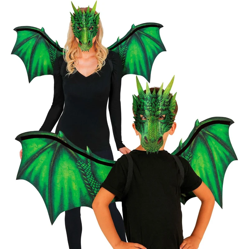 Kostümset "Drache" 2-tlg. | Flügel und Maske - Grün
