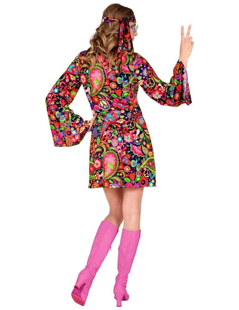 Hippie Kostüm "Love" für Damen - Pink | 70er Jahre Flower Power Kleid und Stirnband
