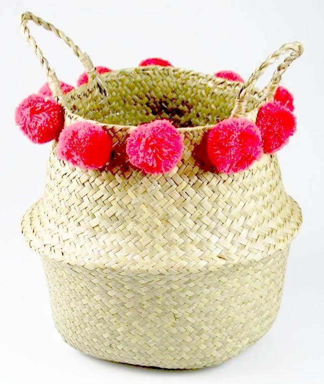 Korb groß POMPON | Seegras | Aufbewahrung 34x 36 cm Übertopf natur rot
