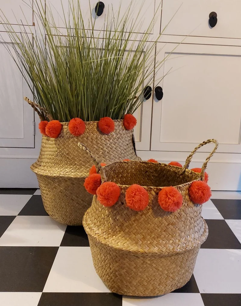 Korb groß POMPON | Seegras | Aufbewahrung 34x 36 cm Übertopf natur rot