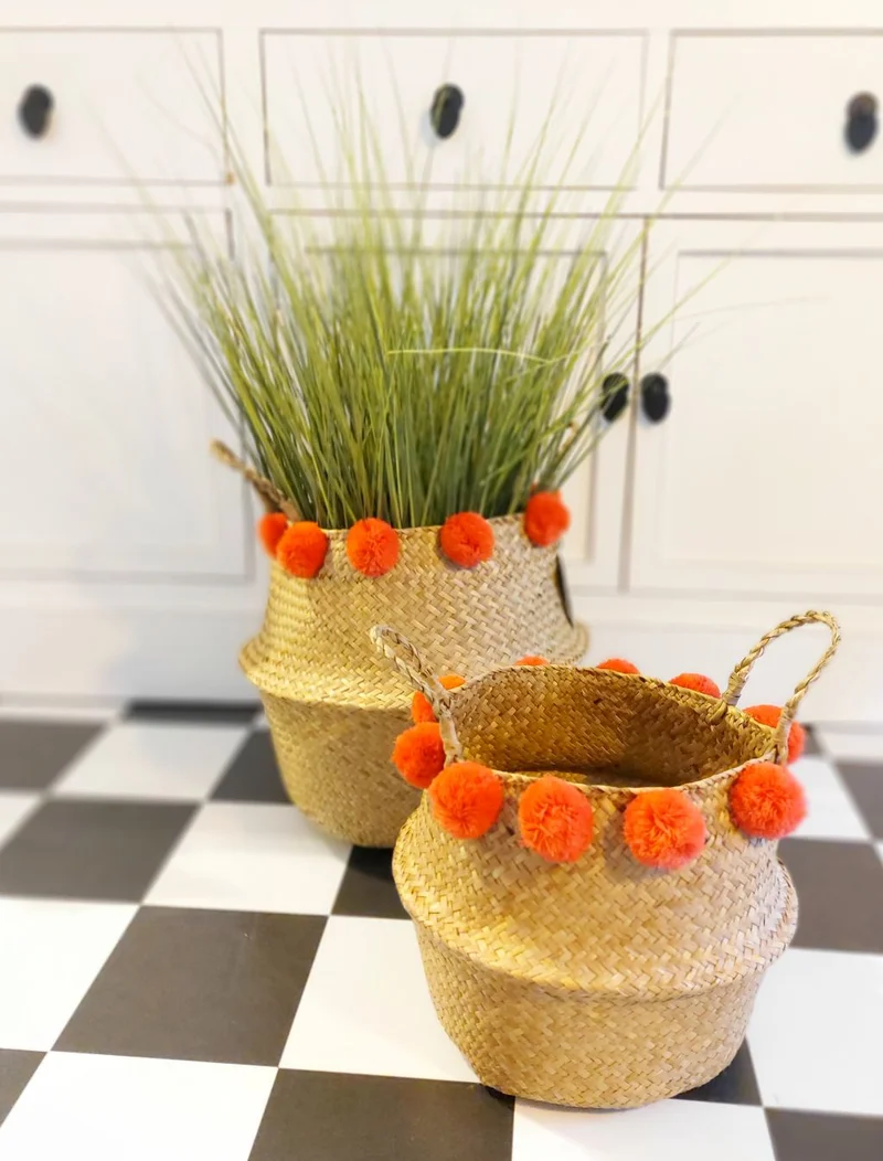 Korb groß POMPON | Seegras | Aufbewahrung 34x 36 cm Übertopf natur rot