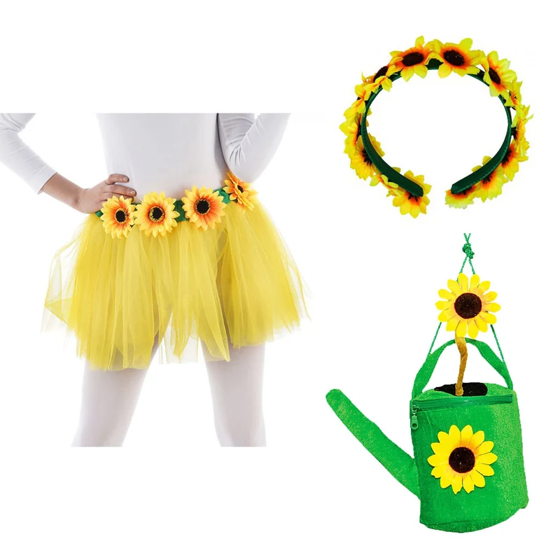 Sonnenblumen Set für Damen | 3-teilig mit Tüllrock, Haarreif & Gießkannen Handtasche | Gelb-Grün | Karneval & Mottoparty