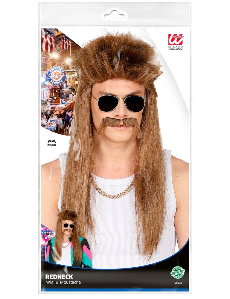80er Jahre Perücke "Redneck" mit Schnurrbart | Rotbraun