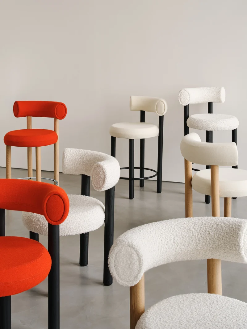Fat Bar Stool 75 cm – Natural Wood & Kvadrat Elle Bouclé Bright White