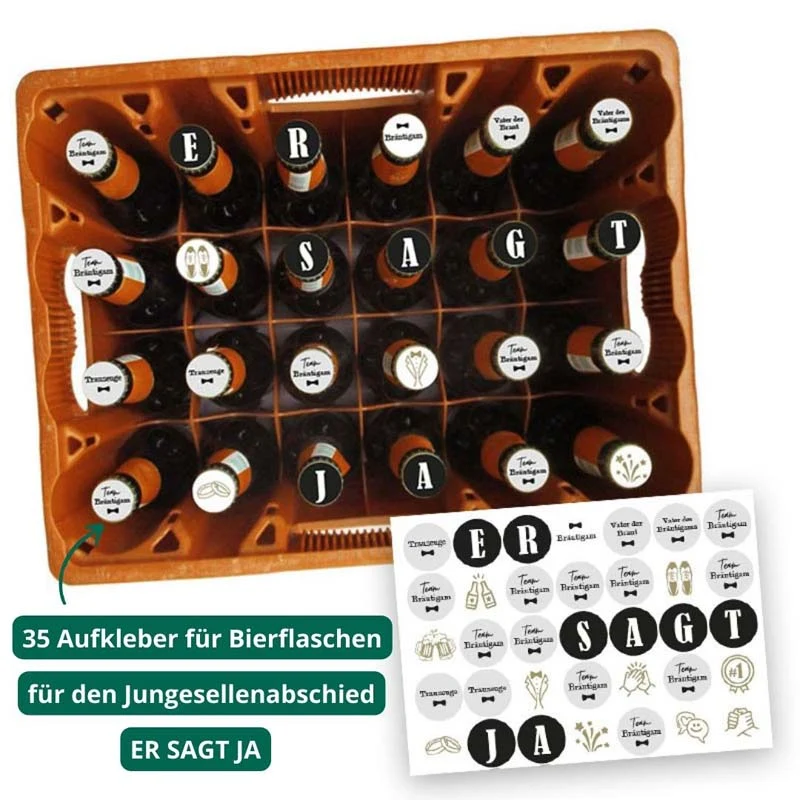 Junggesellenabschied Bierkasten - Er sagt Ja (35 Aufkleber für Kronkorken)