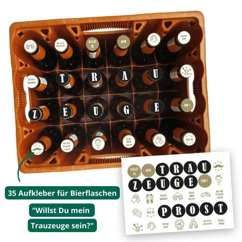Geschenk Trauzeuge Bierkasten (35 Aufkleber für Kronkorken)