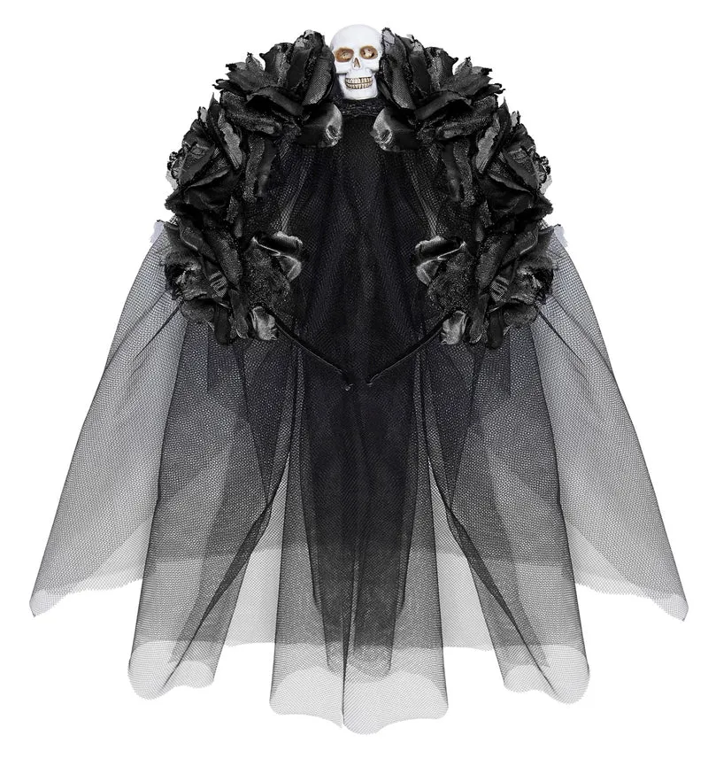 Geisterbraut Haarreif mit Schleier, Blumen und Totenkopf | Schwarz - Day of the Dead