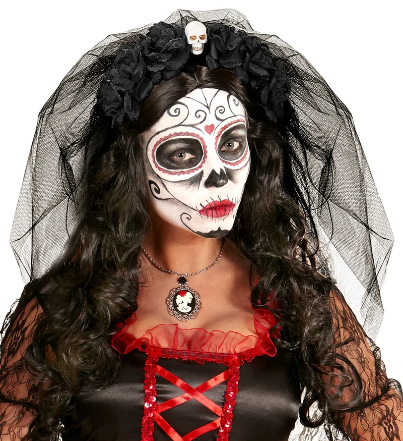 Geisterbraut Haarreif mit Schleier, Blumen und Totenkopf | Schwarz - Day of the Dead