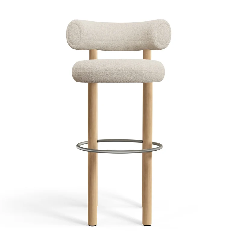 Fat Bar Stool 75 cm – Natural Wood & Kvadrat Elle Bouclé Bright White