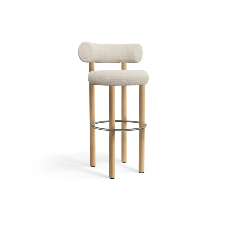 Fat Bar Stool 75 cm – Natural Wood & Kvadrat Elle Bouclé Bright White