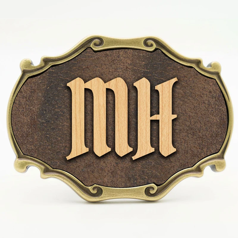 Gürtelschnalle mit Initialen Leder und Holz Kombination ab 1 Stk.